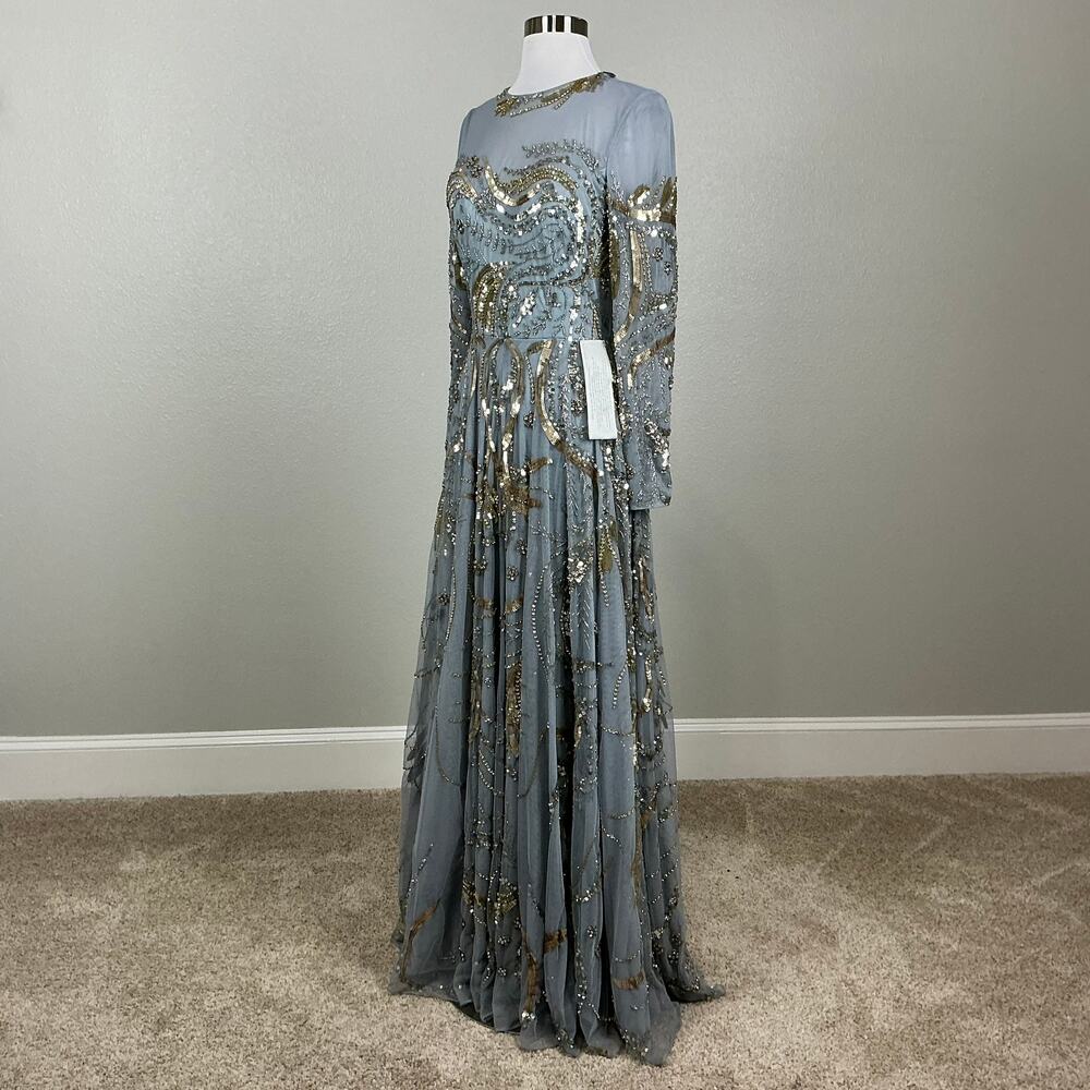 Mac Duggal 5217 Silver/Gold Evening Gown Sequin Long Sleeve A-Line Dress Size 6 - Picture 5 of 11